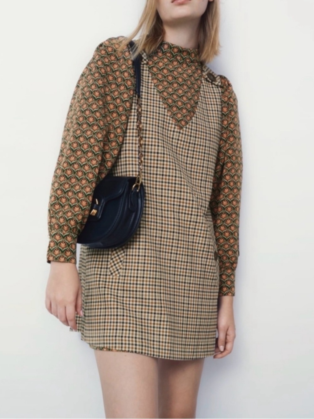 Zara Plaid Mini Shift Dress in Brown